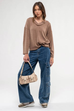Ribbed Knit Pullover Top- Brown